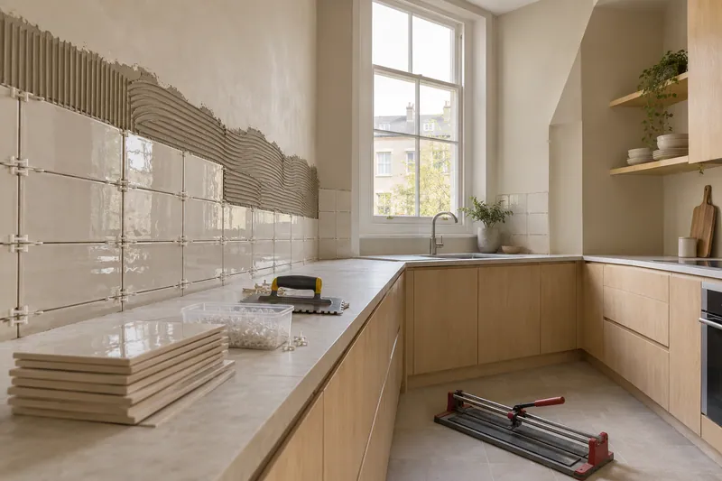 Visualización conceptual IA: Colocación de azulejos con separadores y adhesivo sobre una pared de cocina.