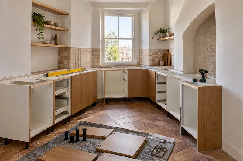 Visualización conceptual IA: Módulos de cocina en montaje con puertas pendientes de colocar.